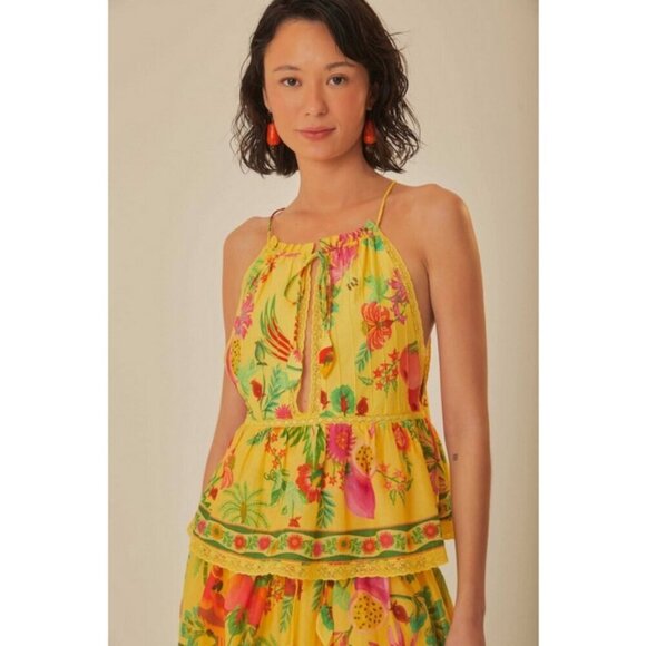 💕FARM RIO💕 Yellow Delicate Fruit Garden Sleeveless Blouse ~ Medium NWT - Picture 1 of 16